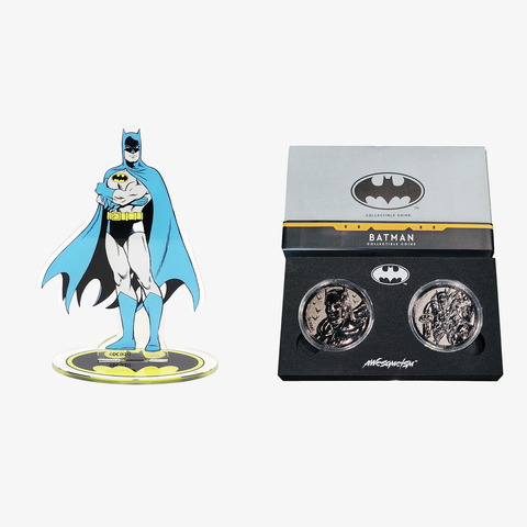 Batman Collectible Coins Set - Black + Batman Acrylic Stand - Standing Duo Set - Awesomeism