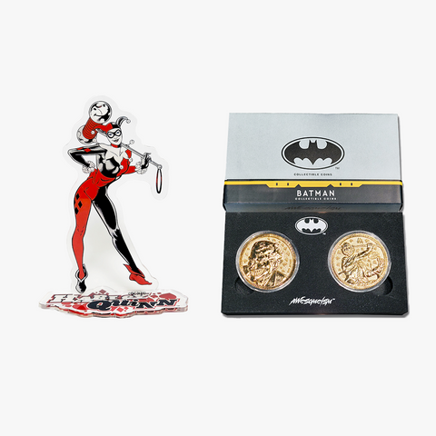 The Joker Collectible Coins Set - Gold + Harley Quinn Acrylic Stand Duo Set - Awesomeism