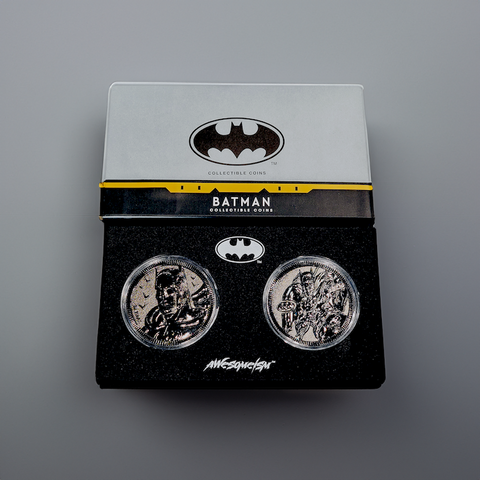 Batman Collectible Coins Set - Black + Batman Acrylic Stand - Standing Duo Set - Awesomeism